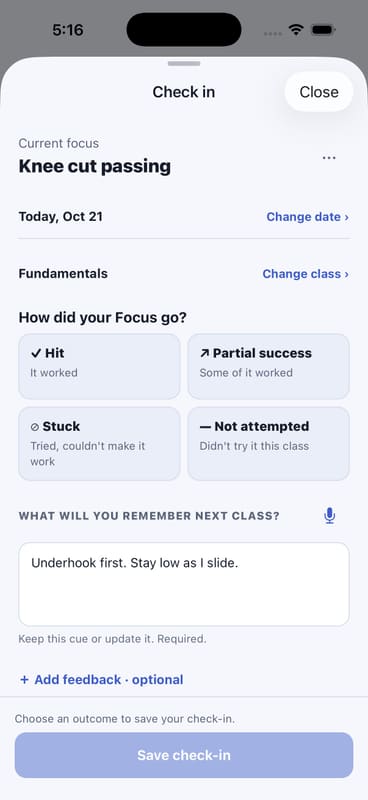GrappleLoop Check-in on iOS, showing the training date, four outcome choices, next-class cue with a microphone, and optional feedback and context.