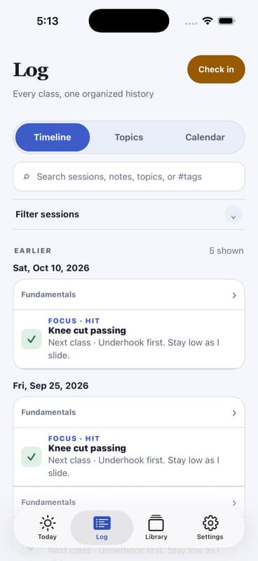 GrappleLoop Log on iOS, with Timeline, Topics, Calendar, search, and Knee cut passing check-ins grouped by training date with Hit outcomes and next-class cues.